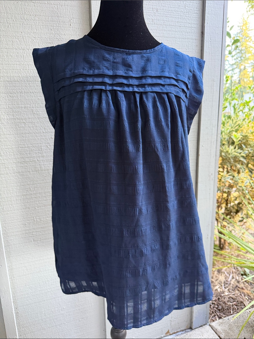 LOFT Navy Pintuck Cap-Sleeve Blouse